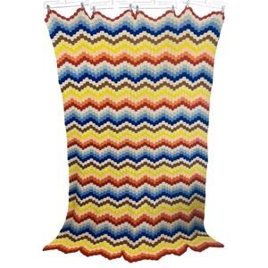 Vintage 70s 80s Handmade Afghan Crochet Blanket Wave Chevron Sunset Fall Blue Or